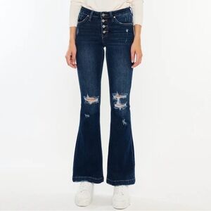 KanCan Jaden Mid Rise Flare Jeans Dark Wash Distressed Sz 5/26